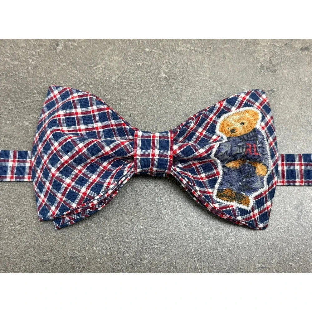 NEW Mens Jeans Bear Bow tie Custom Navy Blue Red‎ Plaid Pre Tied Adjustable Gift